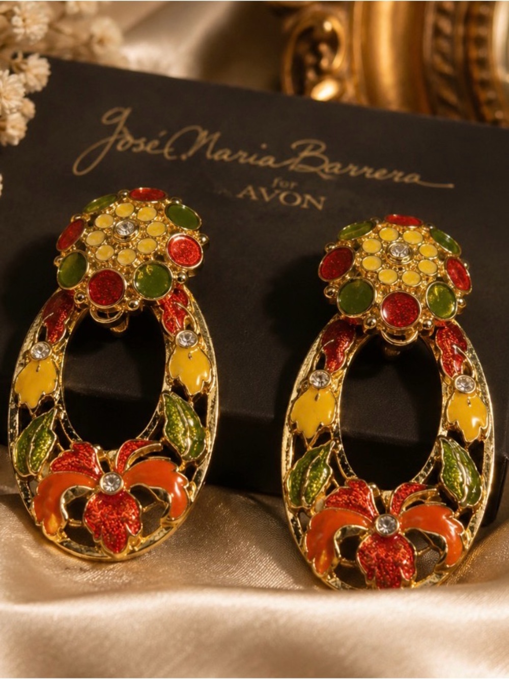 Vintage Jose Maria Barrera Avon Enamel Rhinestone Hibiscus Drop Earrings